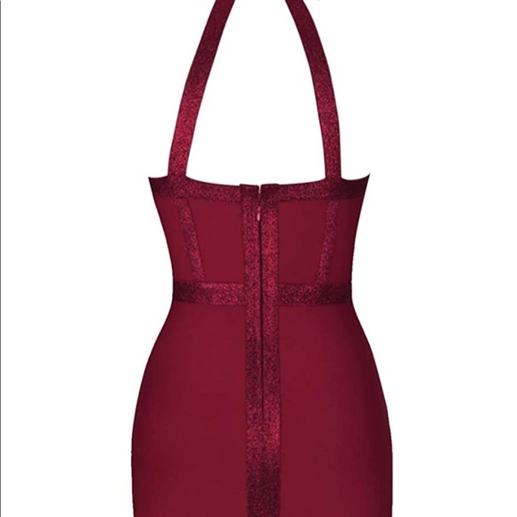 Sexy Flattering Stretchy Bandage V Neck Bodycon Dress - Burgundy - Picture 6 of 13